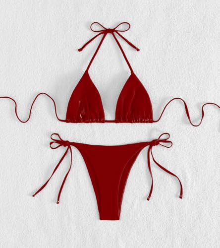 Image of Tainehs Women's Sexy Halter Thong Bikini Tie Two Sides Bottom Triangle Bikini Swimsuits