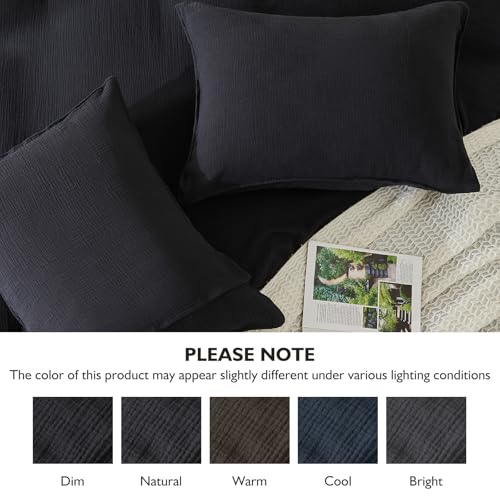 Image of EMME Muslin Cotton Duvet Cover Set Black Queen Size Linen Like Soft Breathable Lightweight Summer Comforter Cover Set with Zipper Closure (Black, Queen, 90 inchx90 inch)
