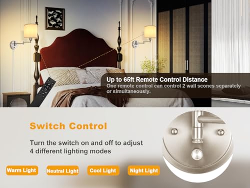 Image of Plug in Wall Sconces with Remote Control, Dimming & Adjustable Colors 2700K-6500K, Hardwire or Plug-in, Swing Arm Wall Lamp with White Fabric Shade, Wall Sconces Set of Two, Brushed Nickel Finish