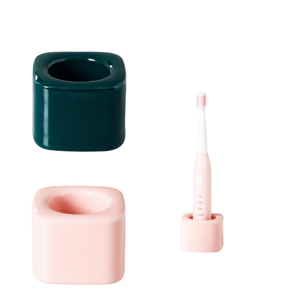 Support de brosse à dents en céramique lot de 2 rose et vert pour comptoir