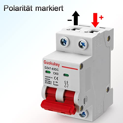 2 Stück Pv Sicherungsautomat DC 1000V 63A 2 Polig DZ47-C63 Solar Leitungsschutzschalter Trennschalter Schutzluftschalter Schutzschalter für Photovoltaik-Systeme