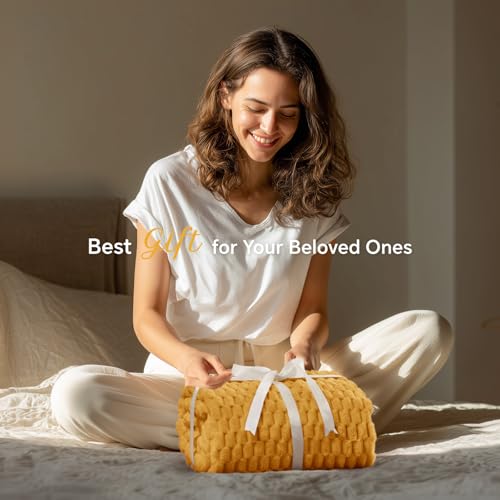 Image of BEDELITE Mustard Yellow Throw Blanket for Couch, Soft Cozy Gifts for Women | 3D Jacquard Decorative Fleece Blanket, Super Soft Plush Throws, Cute Birthday Gift for Women, Suitable for All Seasons, 50*60