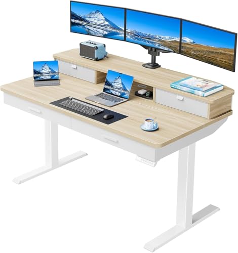 Image of HUANUO 55 x 30 inch Standing Desk with Wood Drawers,Electric Stand up Home Office Desk Adjustable Height with Two Tiers, Natural Ergonomic Stand up Desk with Monitor Stand