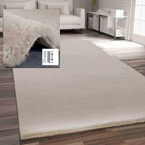 VIMODA Fellteppich Kunstfell Teppich Imitat in Beige Dicht Flauschig Seidiger Glanz, Maße:60x110 cm