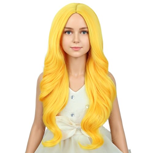 Image of PATTNIUM Yellow Wig for Kids Girls Long Wavy Curly Wig Yellow Middle Part Wigs Synthetic Costume Halloween Cosplay Wigs