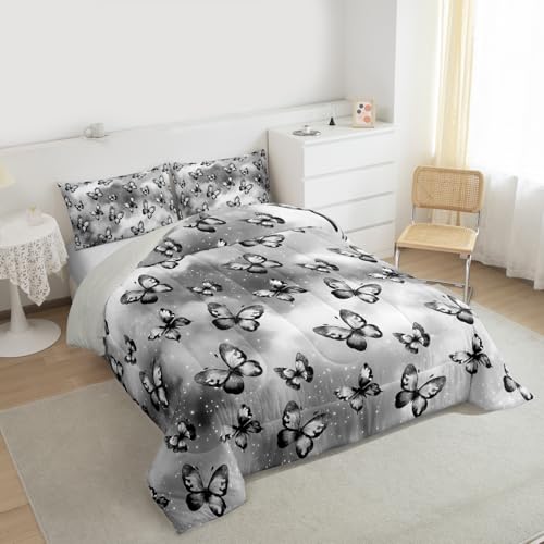 Image of Erosebridal Butterfly Bedding Sets Full - Dreamy Coquette Comforter Set for Kids Adults Watercolor Gradient Grey Butterfly Duvet Insert Galaxy Stars Print Quilt