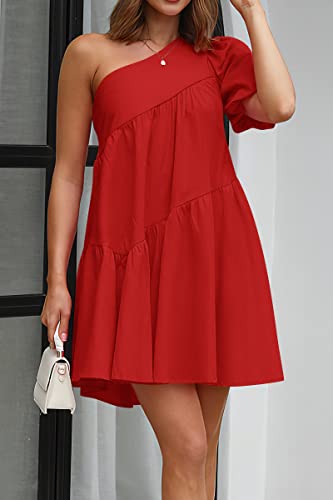 Image of KIRUNDO Summer One Shoulder Mini Baby Doll Dresses Women 2026 Casual Puff Sleeve Loose Tiered A Line Flowy Short Dress