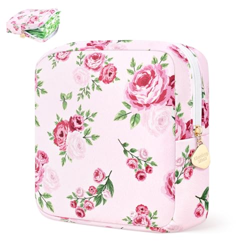 Image of Sanitary Pad Storage Bag Portable Period Bag for Teen Pads /Sanitary Napkins /Small Tampons, Sanitary Napkin Storage Bag First Period Gifts for Teen Girls (Pink Rose Bouquet)