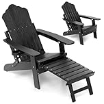 Costway Patio Adirondack Chair, All-Weather HIPS 180kg Loaded Lounge Chair w/Retractable Footrest & Adjustable Backrest, Outdoor Folding Adirondack Chaise Lounge for Lawn, Backyard (Black)