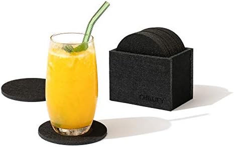 chillifyDrink Coasters 8-Piece Set | Non-Slip Heat-Resistant Washable Placemats | Glass and Cup Coasters | Suitable for Outdoor Use | Black, Round