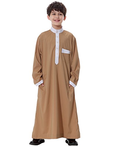 GladThink Boy's Muslim Thobe Long Sleeves Mandarin Neck CAMEL XL
