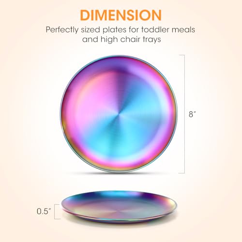 AIEVE Stainless Steel Kids Plates,6 Pack Round Toddler Plates,8 Inch Dinner Dishes for Baby, BPA Free, Dishwasher Safe