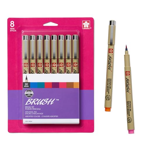 Sakura Pigma Micron Brush Pens - Archival Black & Colored Ink Pens - for Writing, Drawing, or Journaling - Black & Assorted Colored Ink - Brush Nibs - 8 Pack