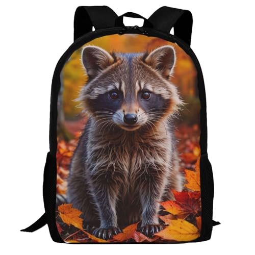 Native Raccoon Fall Nature Leaves Backpack for Women Men Animal Bookbag 17 Inch Multifunctional Large Capacity Durable Travel Daypack