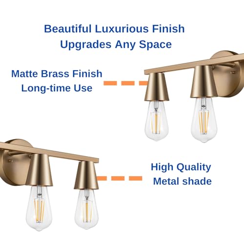 Image of 3-Light Modern Brass Wall Sconces Lighting with Metal Shade, Matte Gold Vanity Light Over Mirror, Rustic Industrial Bathroom Light Fixtures for Living Room Hallway Kitchen Porch E26 Base