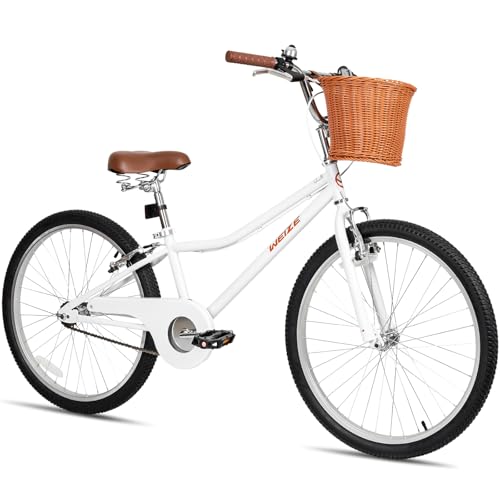 WEIZE Girls Bike for 8-14 Years Old, 24 Inch Kids Bike with Basket and Kickstand, Retro Style Childrens Bicycle for Teen Girls, Lightweight Steel Frame,White