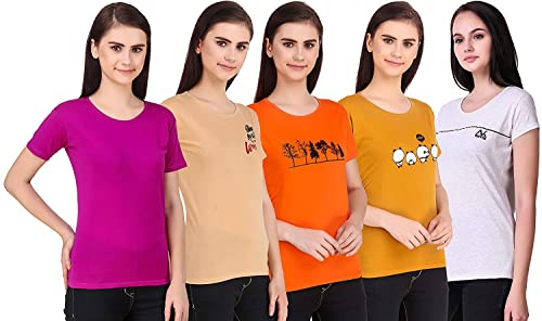 Image of NIVIK Printed, Cotton Tops & T-Shirts. Combo of 5 Tops for Women & Girls (X-Small, Skin-Purple-Orange-Mustard-Off)