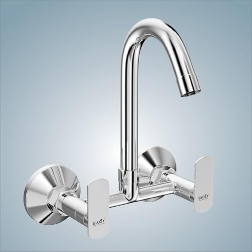 Image of Gloxy Premium Brass 2 in 1 Water Faucet with 360 Swivel Spout - Chrome Finished Wall Mount Hot & Cold Heavey Water Mixer Faucet with Riva Levers for Bathroom & Kitchen - 10 Years Warrenty