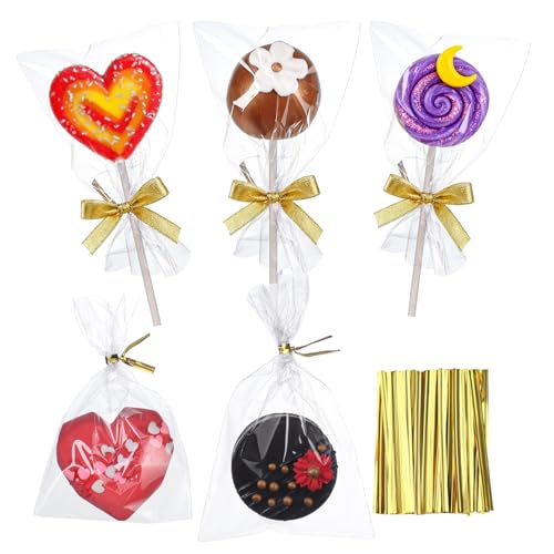 ROSPAKTEK 100 Pcs Cellophane Treat Bags 3x5 Inch with 100 Twist Ties - OPP Plastic Cake Pop Bags for Lollipop Candy Chocolate Cookie Wrapping & Buffet