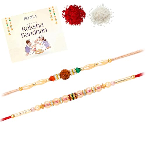 Image of Peora Rakhshabandhan Thread Rakhi for Brother Bhaiya | Kundan Beads & Crystal Studded | Combo Set of 2 | Rakhi Hamper Roli Chawal & Greeting Card