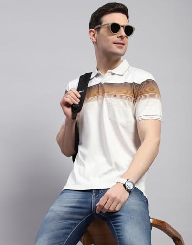 Image of Monte Carlo Mens Striped Polo Collar Half Sleeve Cotton Blend Casual T-Shirt (224064228)