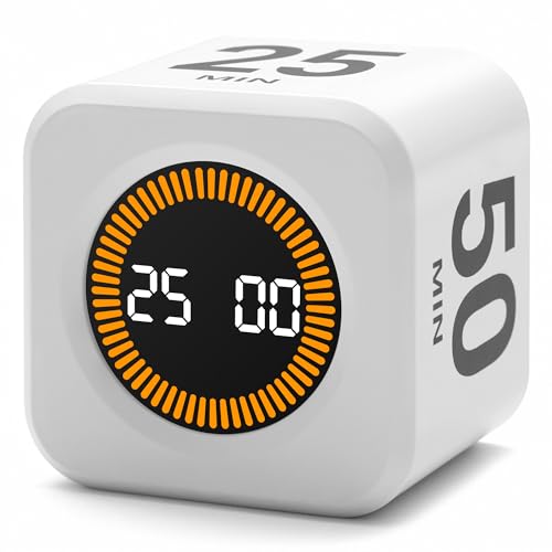 Image of Rotating Productivity Timer 5, 25, 10, 50 Minutes Preset, Desk Cube w /Gravity Sensor for ADHD, Mute Functions, Ideal for Work, Study, Kitchen, Back to School (1, White)