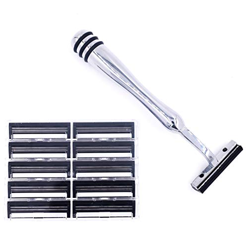 All Metal Trac 2 (Trac II) Compatible Non-PIVOTING Twin Blade Cartridge Razor & 10 Taconic Shave Cartridge Blades