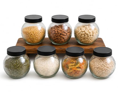 Image of Designer Transparent Glass Storage Jar with Black Plastic Airtight Lid, 900 ML Food Grade Kitchen & Pantry Storage Container, Size 8 X 14 X 14 cm, Ideal for Pulses, Dry Fruits, Pack Of 7