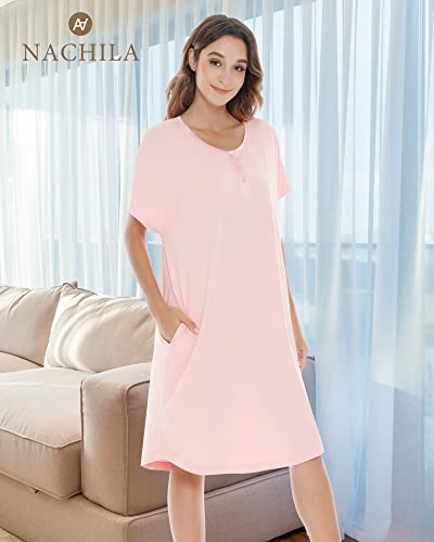 Nachila Womens Bamboo Nightgown Button-Down Sleepwear Short Sleeve Nightshirt Soft Night Dress Pink Xx-Large #TOP5