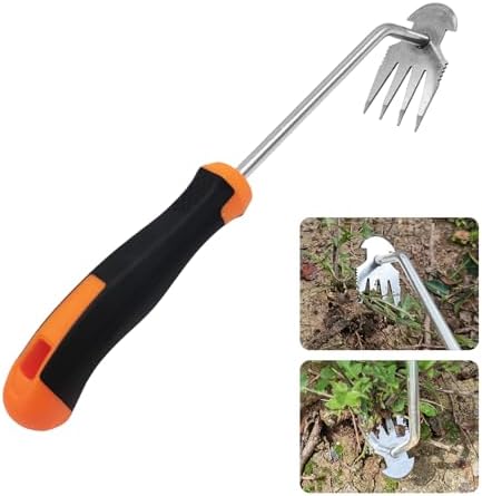MAIMAIMAO Weeder Puller Tool, Stainless Steel Thickened Hand Weeder Tool, Portable Weed Remover Tool,4 Teethe Waterproof Manual Weed Puller, Multi Function Garden Tools for Yard (Rubber Handle)