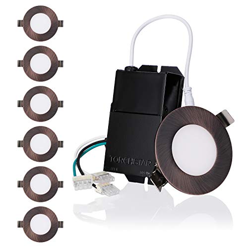 TORCHSTAR E-Lite Series 3 Inch Ultra-Thin LED Recessed Lighting with J-Box, CRI90+ Dimmable 7W Slim Panel Downlight, Wet Location, ETL & ES Listed, Oil Rubbed Bronze, 2700K Soft White, Pack of 6 -  XO1JDL-3D7WSORB27-V2-6P