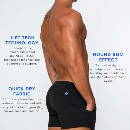 Rounderbum Men’s Lift Tech Swim Shorts – Quick-Dry 4-Way Stretch, Lined, Drawstring Waist, Side Pockets4