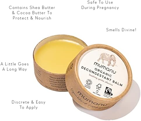 Mumanu Organic Decongestant Balm - with Fairtrade Ingredients - Sinus Relief, Blocked Nose, Nasal decongestant, Pregnancy Safe, Sore Throat