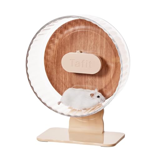 Tafit Silent Hamster Wheel 8.7 Inch Dual-Bearings Quiet Running Exercise Wheels with Wood Grain Backboard, Height Adjustable for Dwarf Hamsters, Gerbils, Mice, Hedgehog, Lemmings, Warm Brown