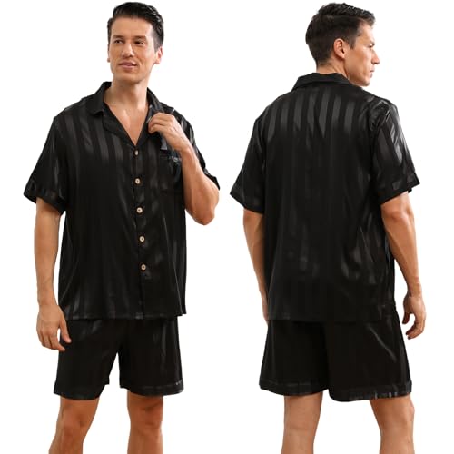 Men's Silk Satin Pajama Sets,Striped Print Short Sleeves Sleepwear,Coconut Buttons Pj Sets With Top Pocket For Mens