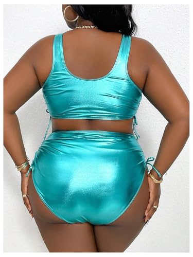 OYOANGLE Women's Plus Size Metallic Scoop Neck Bikini Set Drawstring Ruched Swimsuit Beachwear2
