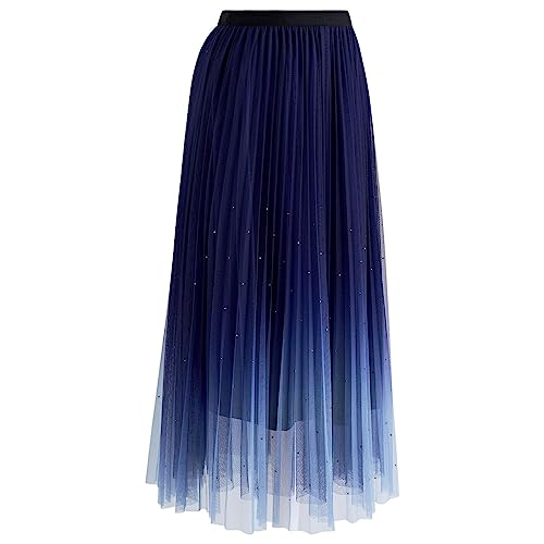 CHICWISH Women's Navy Glitter Embellished Pleated Mesh Tulle Skirt3