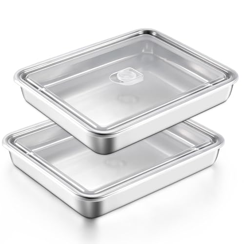 E-far Lasagna Pans with Lids Stainless Steel Rectangular Cake Baking Pan w/Cover 12x9x2 Brownie Casserole Oven Tray Sheet Heavy Duty Metal Bakeware Anti-Rust & Dishwasher Safe Set of 2
