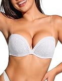 Upushall Push Up Strapless Bra with Clear Straps Covertible Plunge Lace Padded Add 2 Cups Low Cut Underwire Bras for Women White 38D