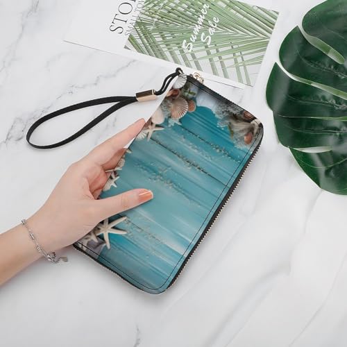 Shell Starfish Pattern Leather Wallet Fashion Bifold Purse Long Pouch with Wrist Strap for Men Women4