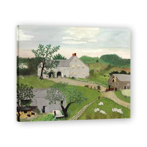 Toile Abreuvoir les chevaux Grandma Moses - Tableau rustique 40x50cm déco murale chambre