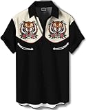 DADDYLOCO Men's Tiger Print Button Down Shirt, Short Sleeve, Black with Cream Panels, Floral Design