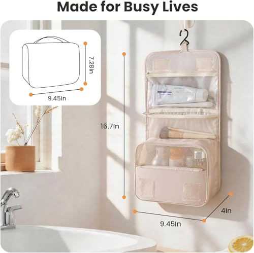 Image of Travel Toiletry Bag with Hanging Hook, Waterproof Cosmetic Organizer Pouch, Foldable Makeup Storage Case with Mesh & Transparent Compartments, Portable Travel Accessories Bag (Beige Beige)