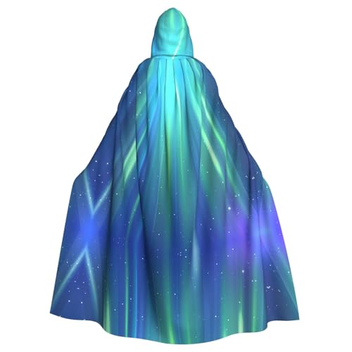 Longue cape capuche adulte motif aurore boréale bleue au tissu fluide imprimé