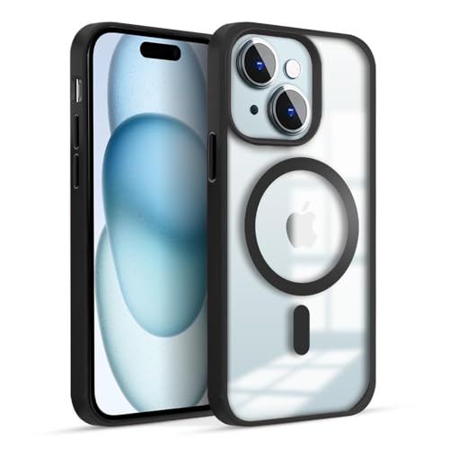 Image of MAGA Back Case Cover for Apple iPhone 15, Transparent Black Magnetic Case Compatible with MagSafe, Hybrid Hard PC Back & Soft TPU Bumper, Shockproof Protective Cover - Black