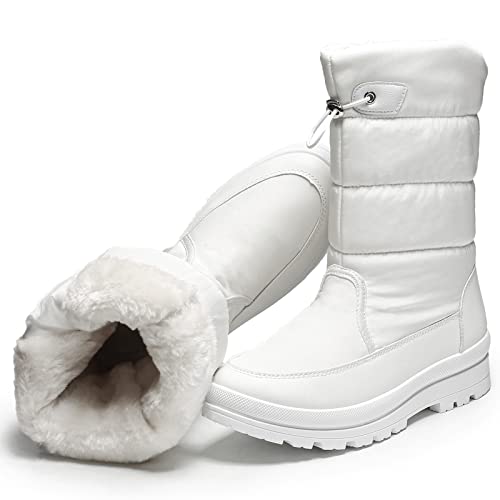 HYPOCRUTE Women's Warm Snow Boots with Fur Lined Black and White Wide Winter Boots Water-resistant Mid Calf Boots for Hiking,Working,Outdoors(White US10)