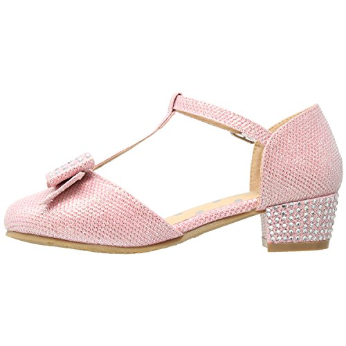 SOBEYO Girls Low Heels Pumps T-Strap Bow Accent Glitter Rhinestone Mary Jane Kids Sandals3