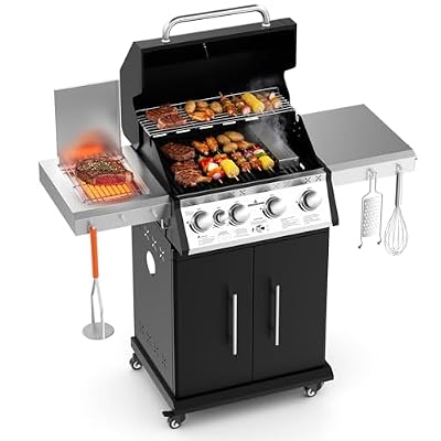 SKOK 4 Burner Propane Gas Grill with Infrared Side and Rear Burners, Outdoor BBQ Grill with Cast Iron Grates, Barbecue Grill with Wheels, 60,000BTU Output