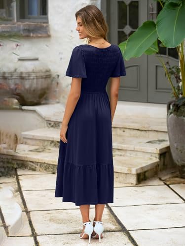 Image of Simplee Womens Summer Smocked Flowy Dress - Casual Flutter Sleeve Tiered Boho Maxi Dresses with Pockets