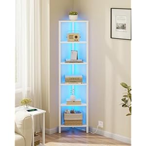 TUTOTAK 6-Tier Corner Bookshelf with LED Light,Corner Shelf for Small Space, Narrow Display Corner Shelf Stand with Storage Rack, for Living Room, Bedroom, Pure White V1BS05BW006L
